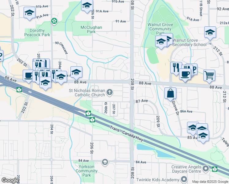 map of restaurants, bars, coffee shops, grocery stores, and more near 20751 87 Avenue in Langley Township
