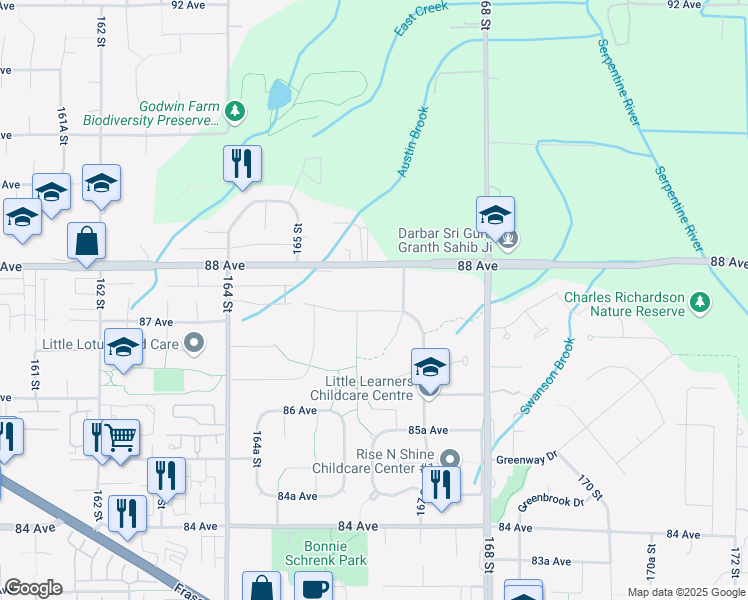 map of restaurants, bars, coffee shops, grocery stores, and more near 16629 87A Avenue in Surrey