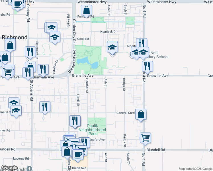 map of restaurants, bars, coffee shops, grocery stores, and more near 7100 Ash Street in Richmond