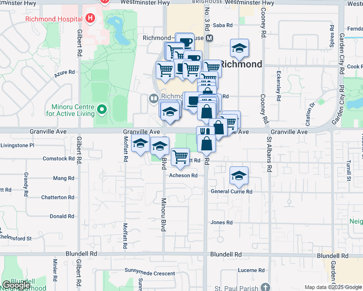 map of restaurants, bars, coffee shops, grocery stores, and more near 7840 Granville Avenue in Richmond