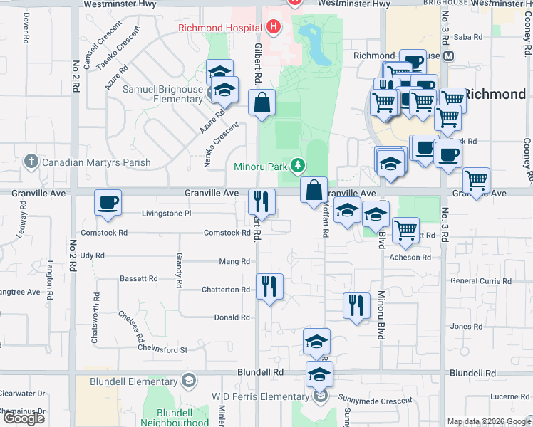 map of restaurants, bars, coffee shops, grocery stores, and more near 7100 Gilbert Road in Richmond