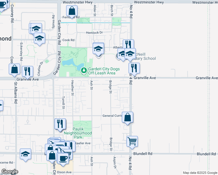map of restaurants, bars, coffee shops, grocery stores, and more near 7091 Bridge Street in Richmond