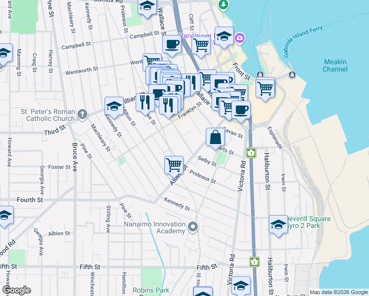 map of restaurants, bars, coffee shops, grocery stores, and more near 471 Selby Street in Nanaimo