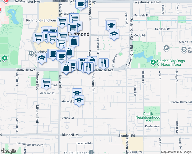 map of restaurants, bars, coffee shops, grocery stores, and more near in Richmond