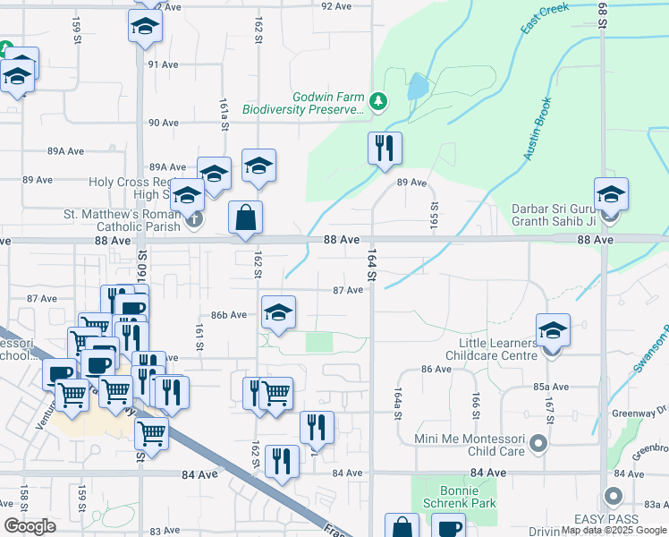 map of restaurants, bars, coffee shops, grocery stores, and more near 8733 163A Street in Surrey