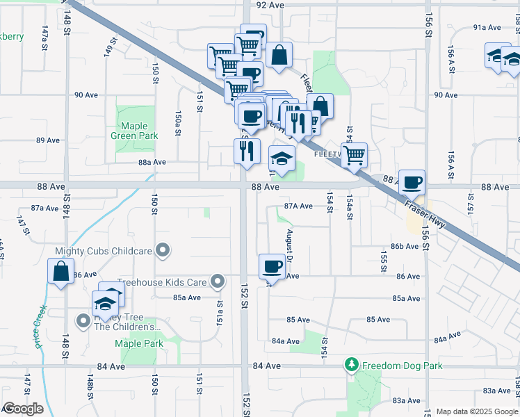 map of restaurants, bars, coffee shops, grocery stores, and more near 8747 152A Street in Surrey