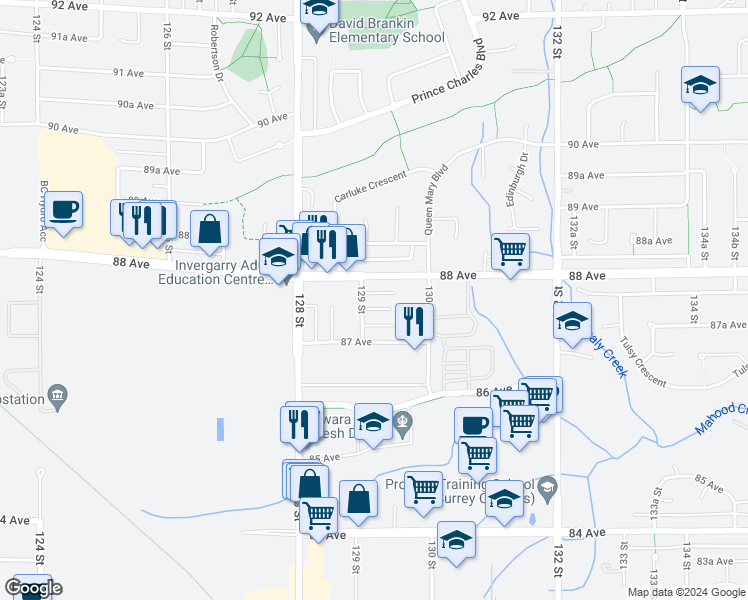 map of restaurants, bars, coffee shops, grocery stores, and more near 11633 87A Avenue in Surrey