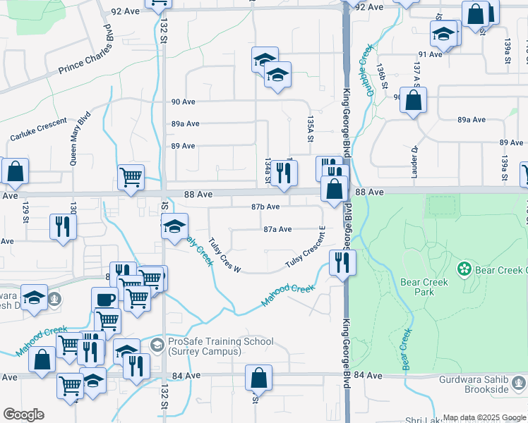 map of restaurants, bars, coffee shops, grocery stores, and more near 13420 87B Avenue in Surrey