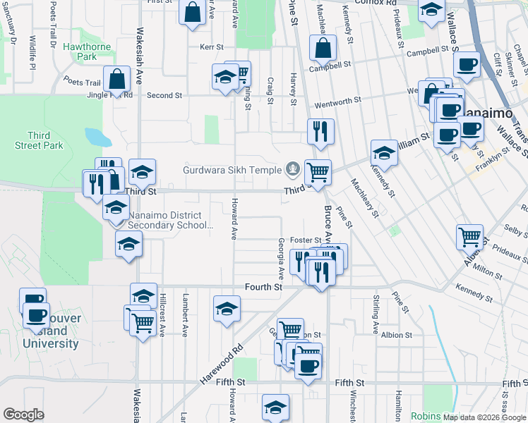 map of restaurants, bars, coffee shops, grocery stores, and more near 436 Wharton Street in Nanaimo