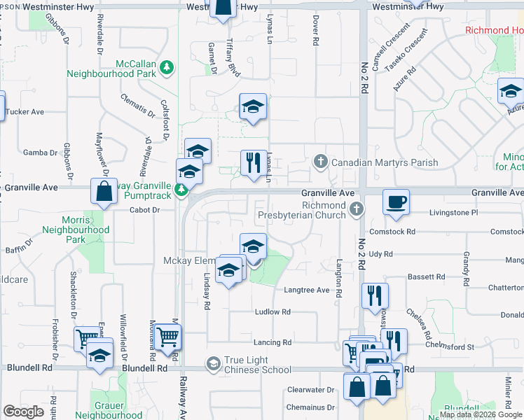 map of restaurants, bars, coffee shops, grocery stores, and more near 7168 Lynnwood Drive in Richmond