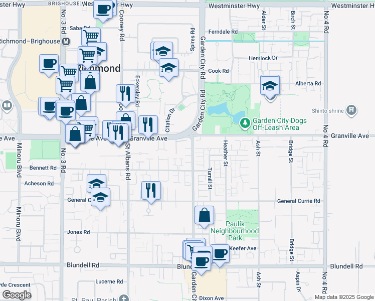 map of restaurants, bars, coffee shops, grocery stores, and more near 7131 Garden City Road in Richmond