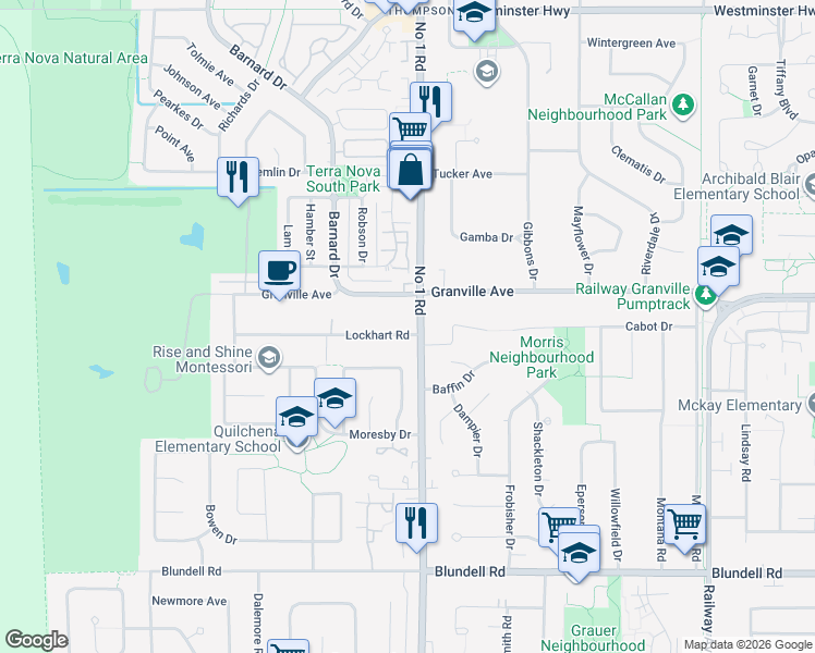 map of restaurants, bars, coffee shops, grocery stores, and more near 3991 Lockhart Road in Richmond