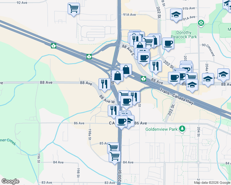 map of restaurants, bars, coffee shops, grocery stores, and more near 72 200 Street in Langley
