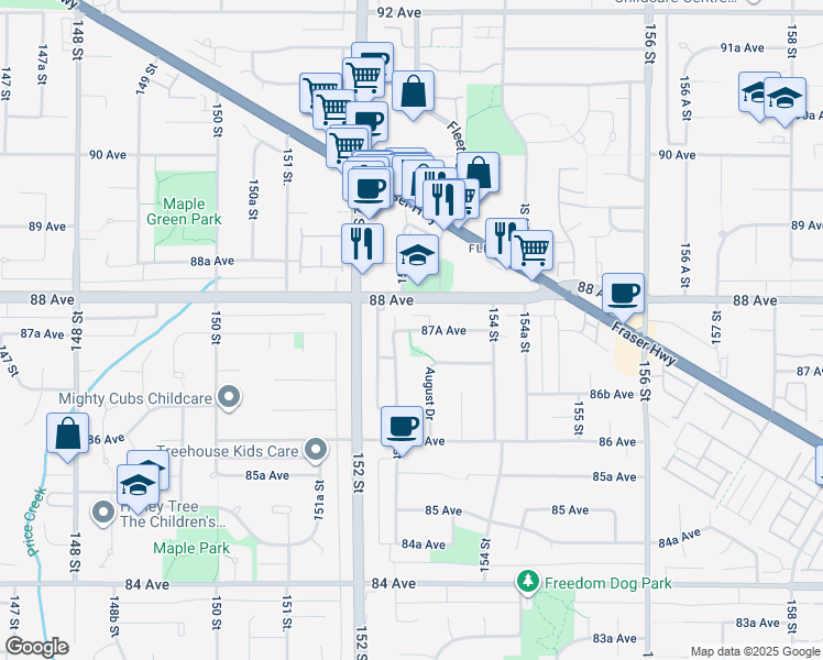 map of restaurants, bars, coffee shops, grocery stores, and more near 87A Avenue in Surrey