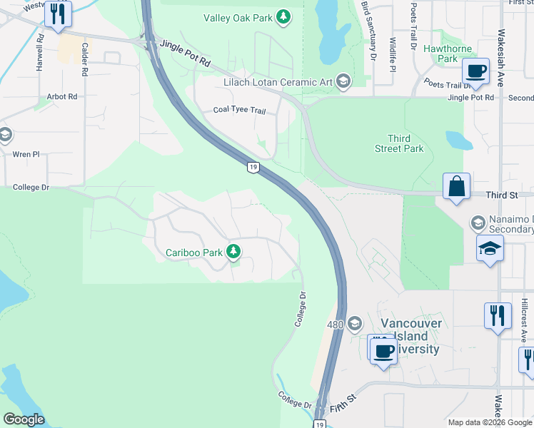 map of restaurants, bars, coffee shops, grocery stores, and more near 235 Concordia Place in Nanaimo
