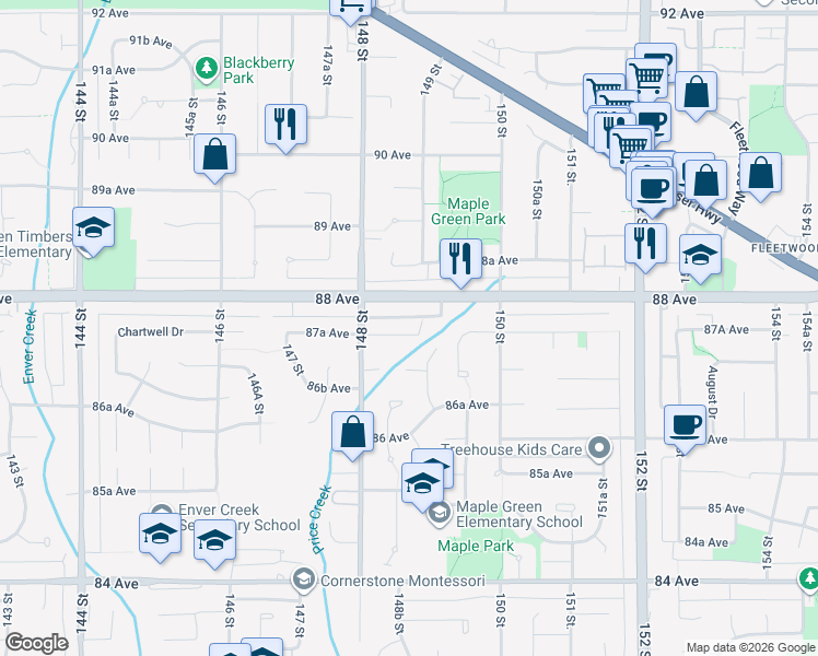 map of restaurants, bars, coffee shops, grocery stores, and more near 14863 87A Avenue in Surrey