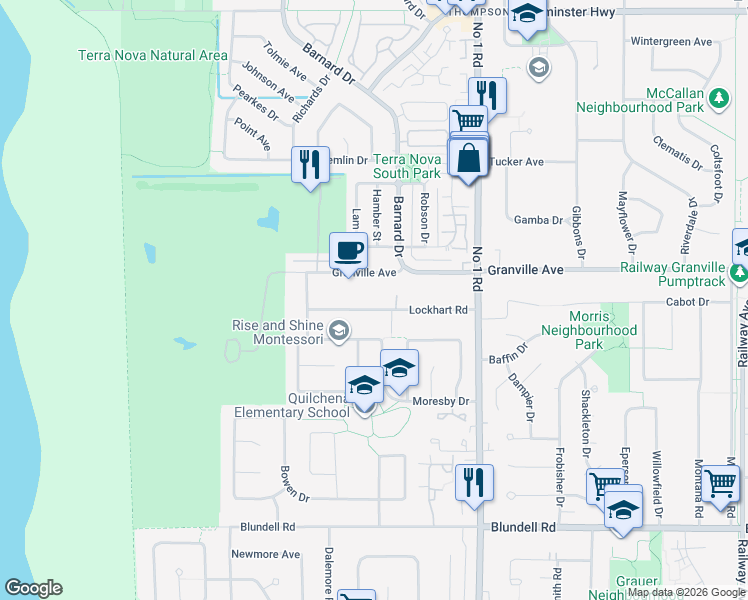 map of restaurants, bars, coffee shops, grocery stores, and more near 3400 Granville Avenue in Richmond