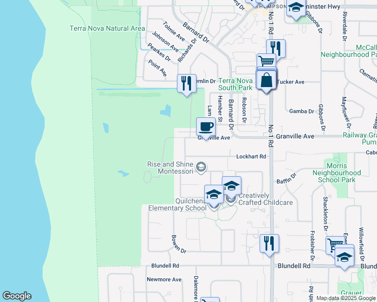 map of restaurants, bars, coffee shops, grocery stores, and more near 7040 Marrington Road in Richmond