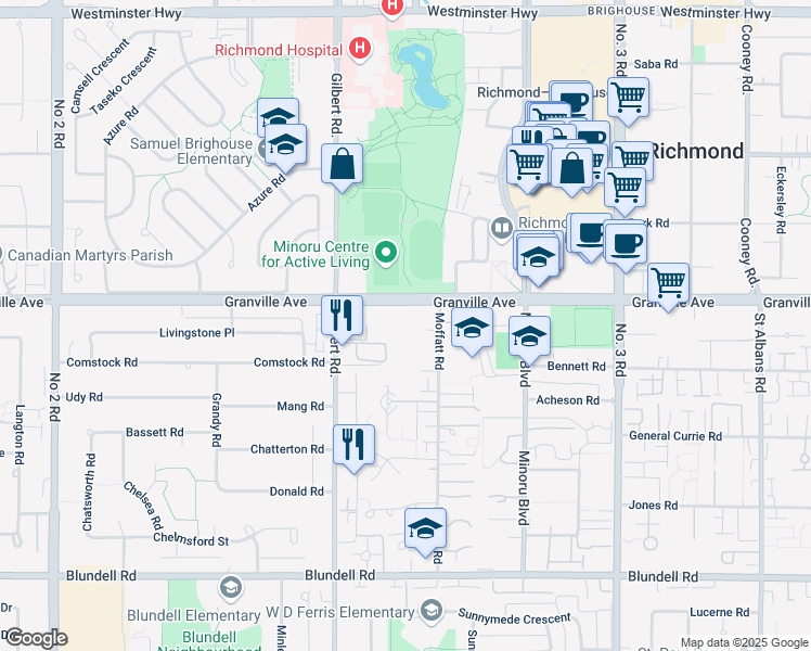 map of restaurants, bars, coffee shops, grocery stores, and more near 7260 Granville Avenue in Richmond