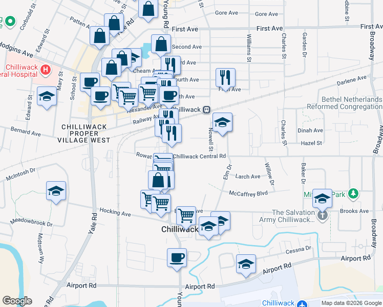map of restaurants, bars, coffee shops, grocery stores, and more near 46053 Chilliwack Central Road in Chilliwack