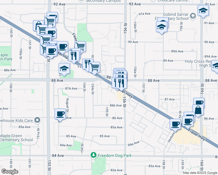 map of restaurants, bars, coffee shops, grocery stores, and more near in Surrey