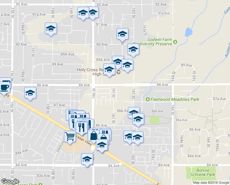 map of restaurants, bars, coffee shops, grocery stores, and more near 8775 161 Street in Surrey