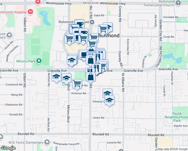 map of restaurants, bars, coffee shops, grocery stores, and more near 7080 Number 3 Road in Richmond