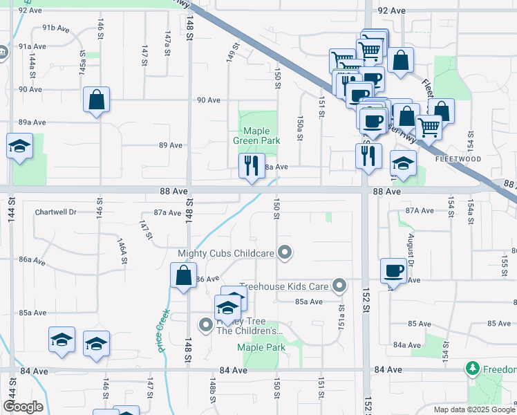 map of restaurants, bars, coffee shops, grocery stores, and more near 8743 Milton Drive in Surrey