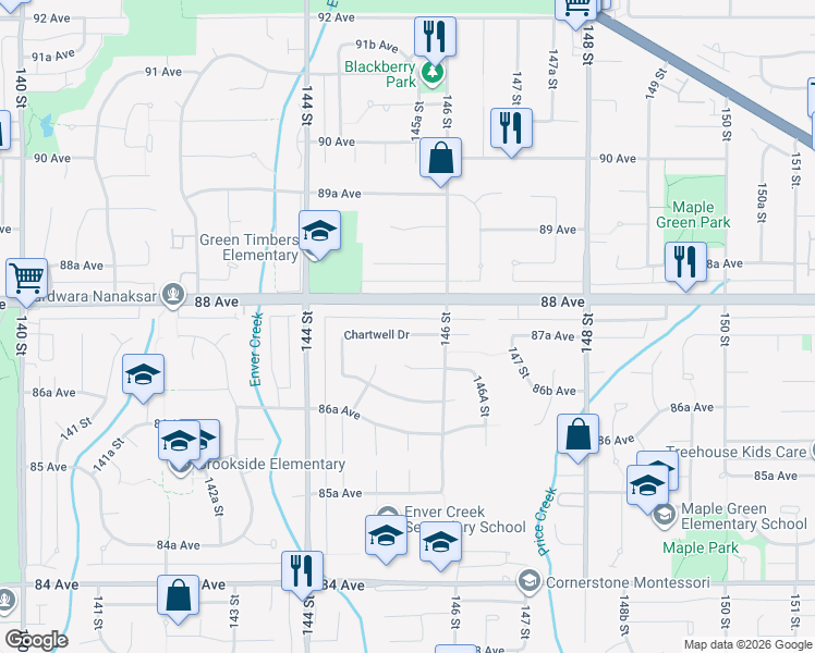 map of restaurants, bars, coffee shops, grocery stores, and more near 14539 Chartwell Drive in Surrey