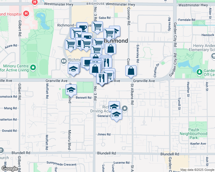 map of restaurants, bars, coffee shops, grocery stores, and more near 8060 Granville Avenue in Richmond