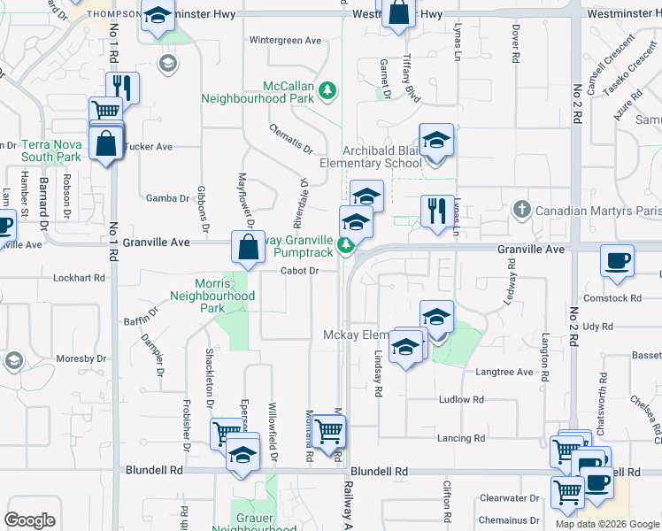 map of restaurants, bars, coffee shops, grocery stores, and more near 4991 Cabot Drive in Richmond