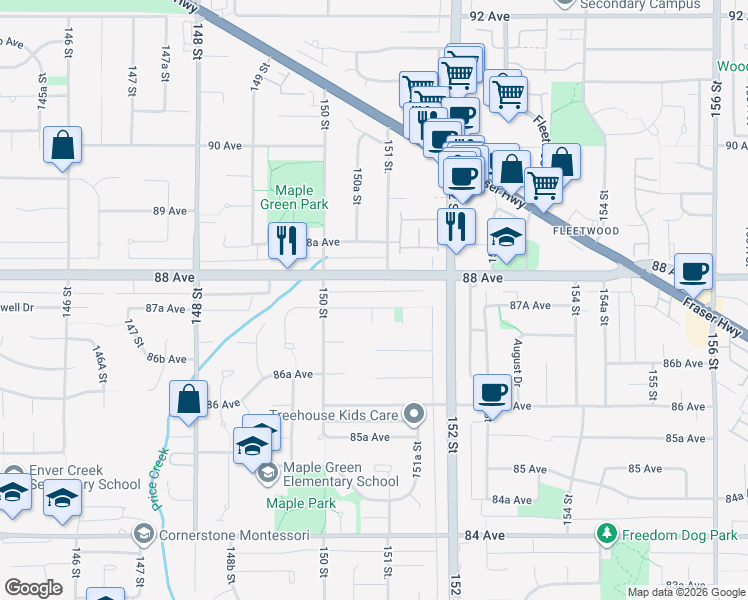 map of restaurants, bars, coffee shops, grocery stores, and more near 15067 87B Avenue in Surrey
