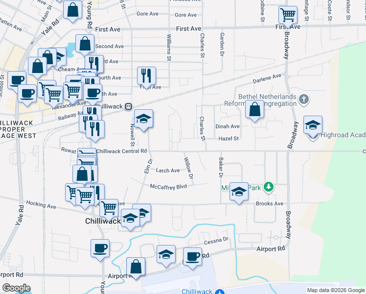 map of restaurants, bars, coffee shops, grocery stores, and more near 46279 Chilliwack Central Road in Chilliwack