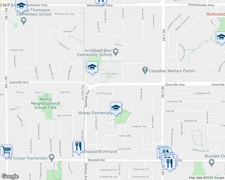map of restaurants, bars, coffee shops, grocery stores, and more near 21 Lynnwood Drive in Richmond