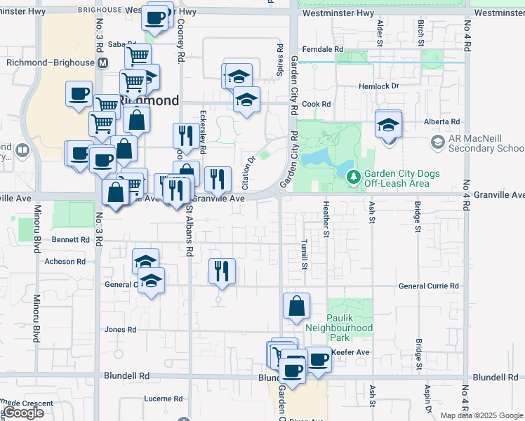 map of restaurants, bars, coffee shops, grocery stores, and more near 8780 Granville Avenue in Richmond