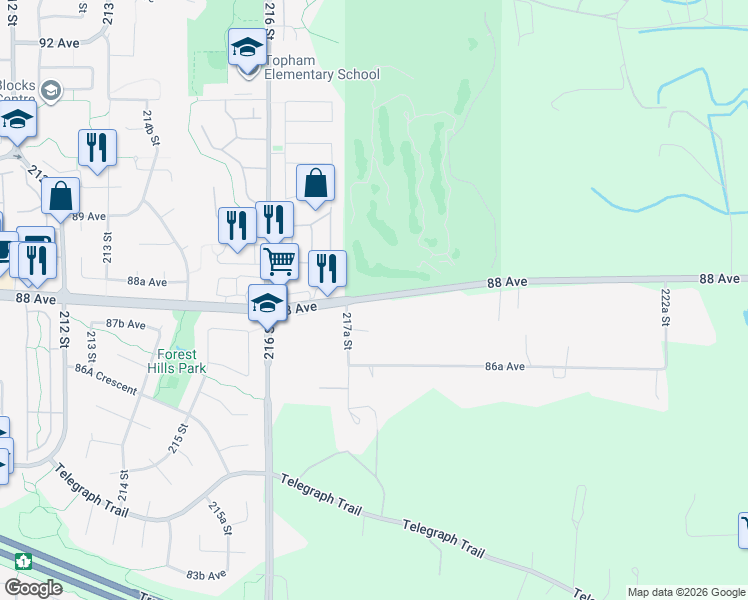 map of restaurants, bars, coffee shops, grocery stores, and more near 21754 88 Avenue in Langley