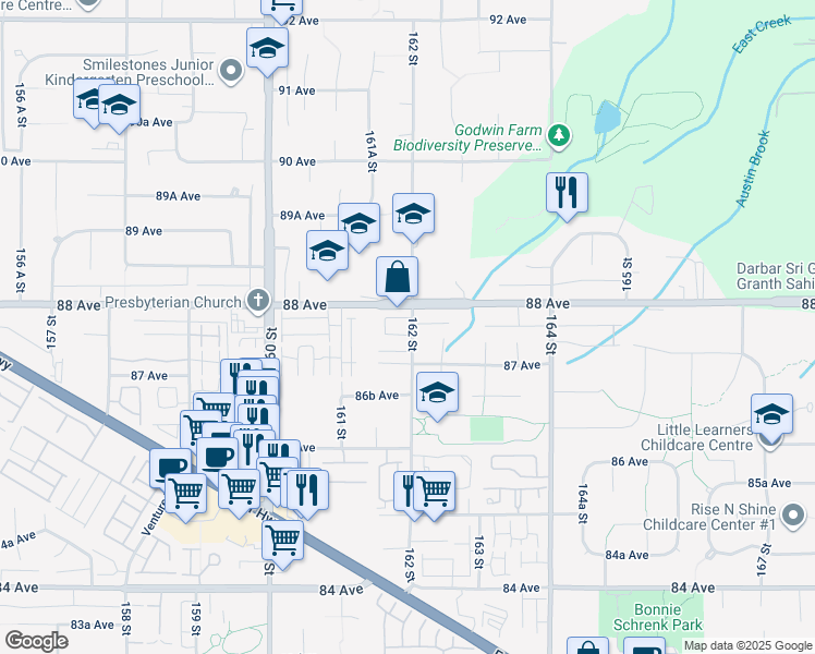 map of restaurants, bars, coffee shops, grocery stores, and more near in Surrey
