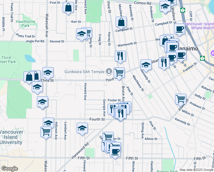 map of restaurants, bars, coffee shops, grocery stores, and more near 421 Third Street in Nanaimo
