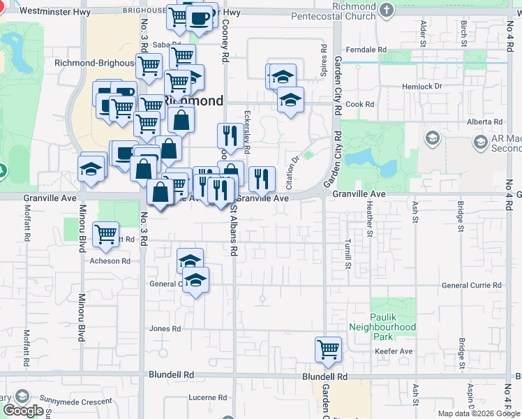 map of restaurants, bars, coffee shops, grocery stores, and more near 8480 Granville Avenue in Richmond