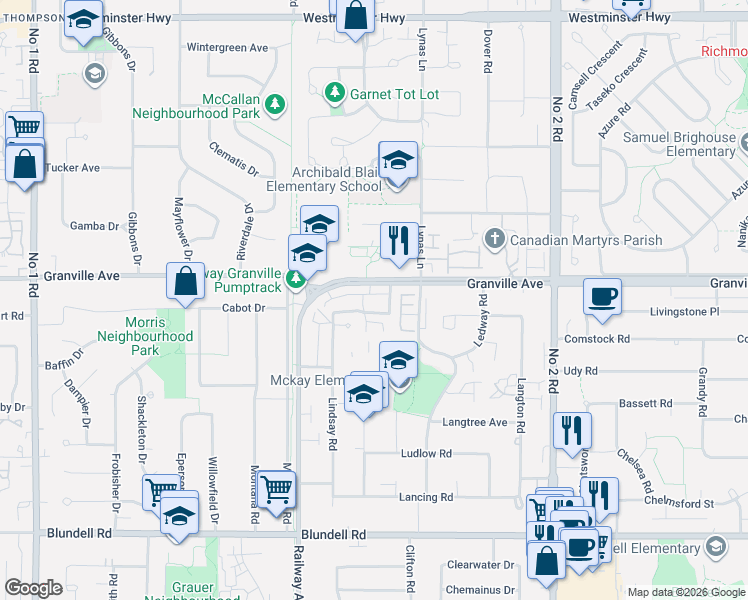 map of restaurants, bars, coffee shops, grocery stores, and more near 7100 Lynnwood Drive in Richmond