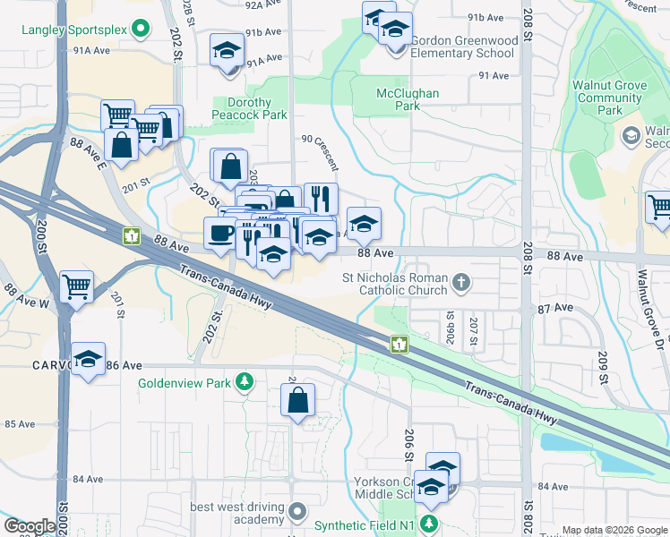 map of restaurants, bars, coffee shops, grocery stores, and more near 20470 88 Avenue in Langley
