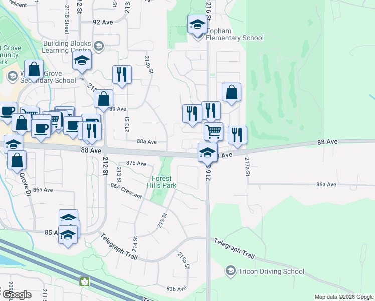 map of restaurants, bars, coffee shops, grocery stores, and more near 21535 88 Avenue in Langley Township
