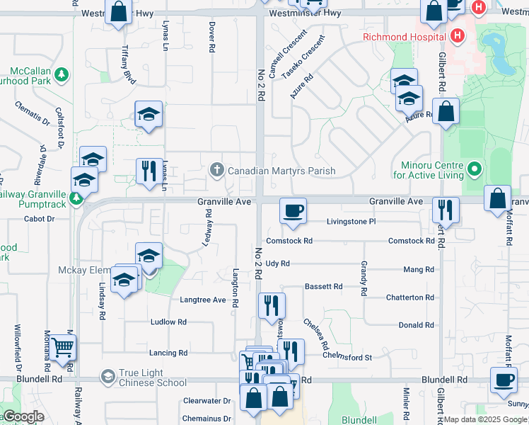 map of restaurants, bars, coffee shops, grocery stores, and more near 7040 Number 2 Road in Richmond