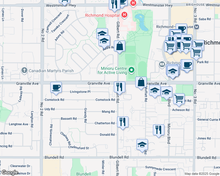 map of restaurants, bars, coffee shops, grocery stores, and more near 6811 Livingstone Place in Richmond