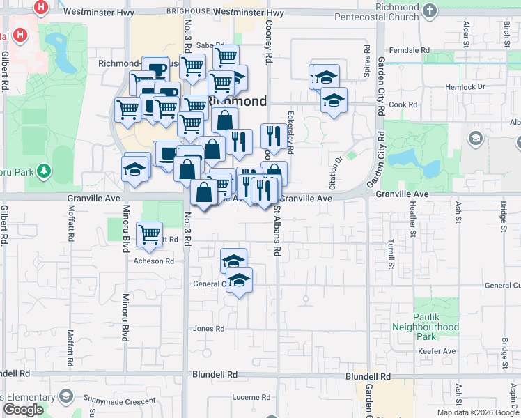 map of restaurants, bars, coffee shops, grocery stores, and more near 8288 Granville Avenue in Richmond