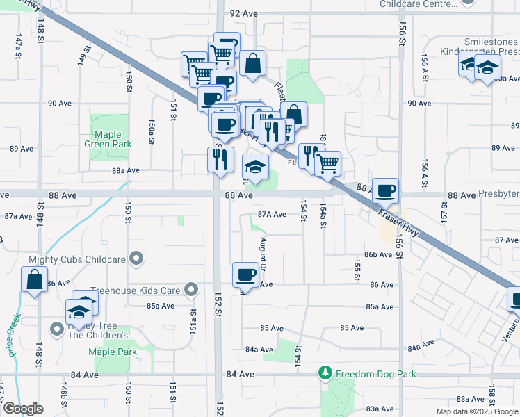 map of restaurants, bars, coffee shops, grocery stores, and more near 15295 87A Avenue in Surrey