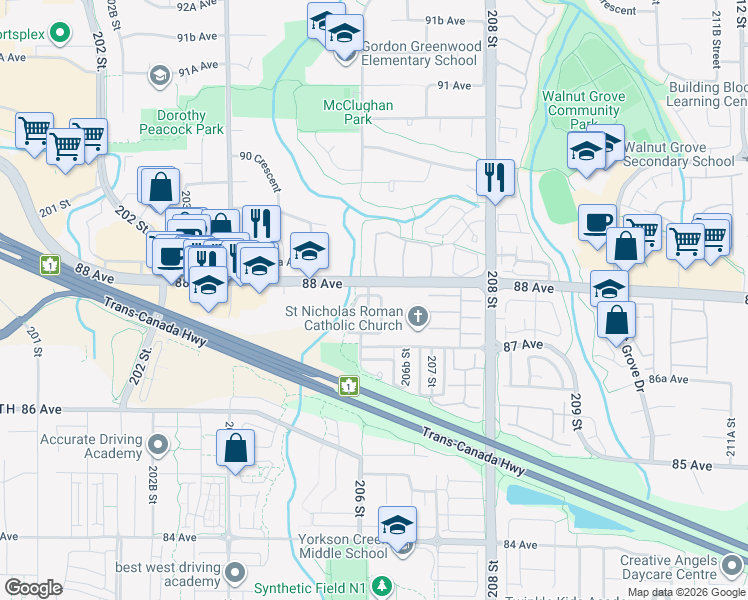 map of restaurants, bars, coffee shops, grocery stores, and more near 8780 206 Street in Langley Township