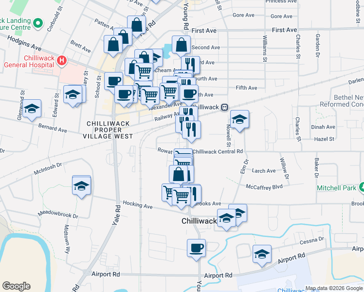 map of restaurants, bars, coffee shops, grocery stores, and more near 8815 Young Road in Chilliwack