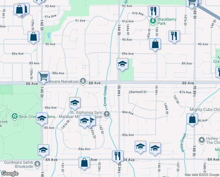 map of restaurants, bars, coffee shops, grocery stores, and more near 8782 143A Street in Surrey