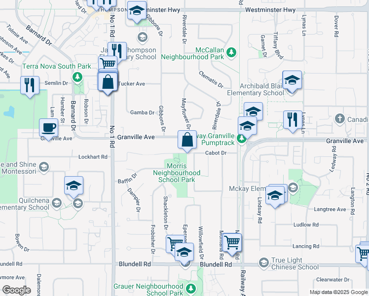 map of restaurants, bars, coffee shops, grocery stores, and more near 4691 Cabot Drive in Richmond